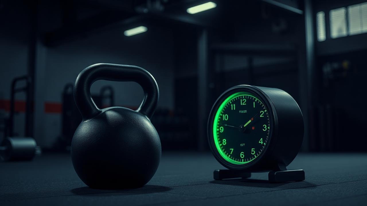 Kettlebell beside a glowing interval timer on the floor of a dark warehouse gym