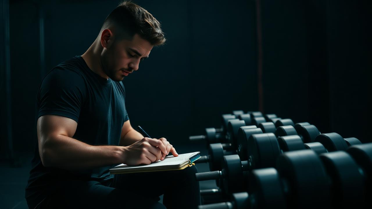 Person planning a training session in a notebook beside a rack of dumbbells in a dark gym