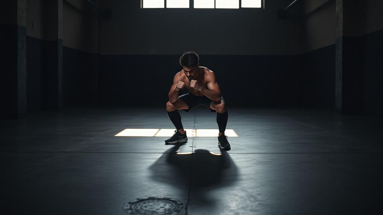Athlete holding the bottom of a bodyweight squat on a bare concrete gym floor in low side light