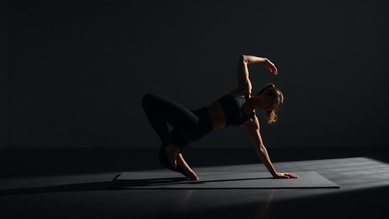 Athlete moving through a deep hip mobility position on a mat in a dark studio