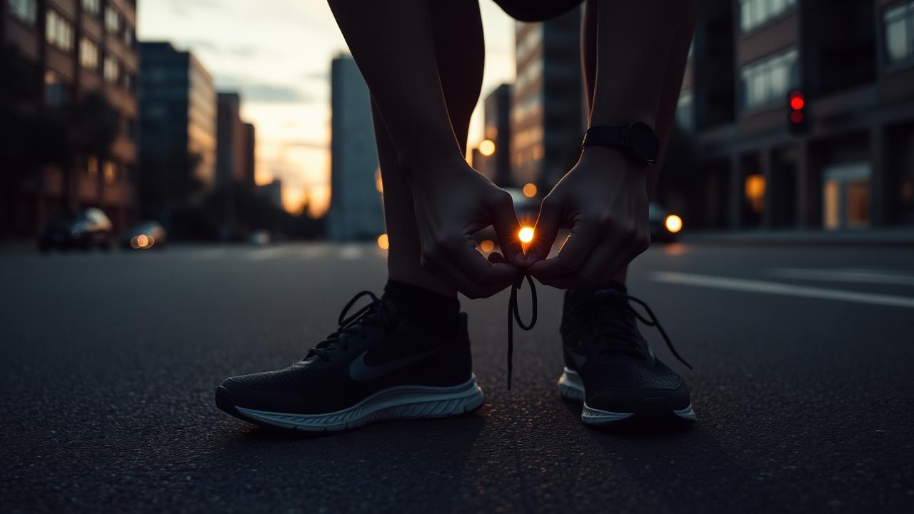 Runner tying their shoes on an empty city street at dawn